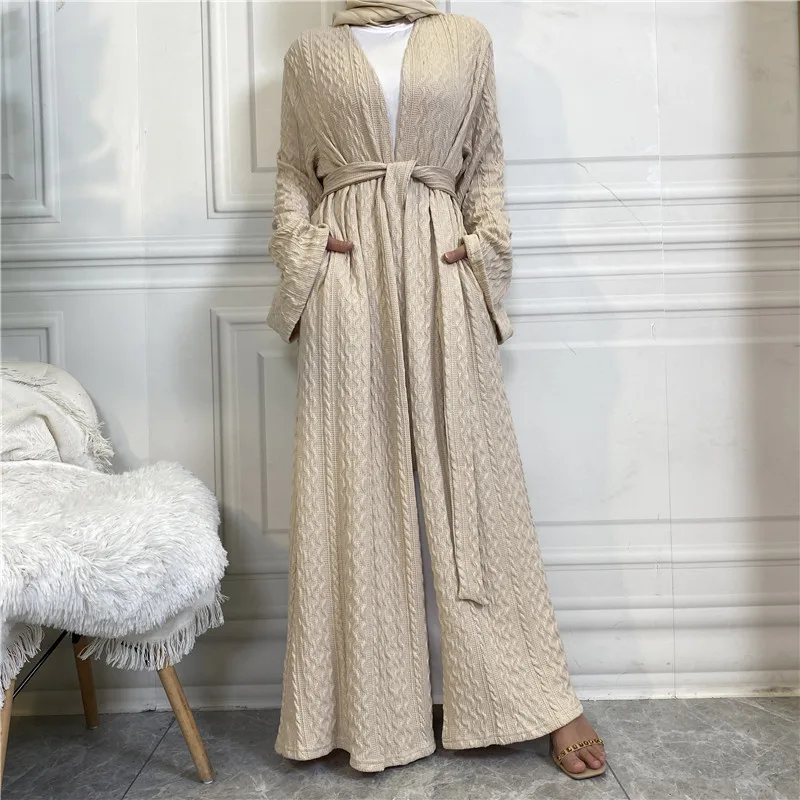 Open front modest sweaters knit cardigan with belt women muslim abaya chunky cable knit sweater maxi long cardigan