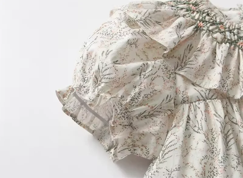 New Spring Collection Short Sleeve Flower Printed Princess Dresses Girls 10 Years High Cotton Casual Floral Solid Short Shorts