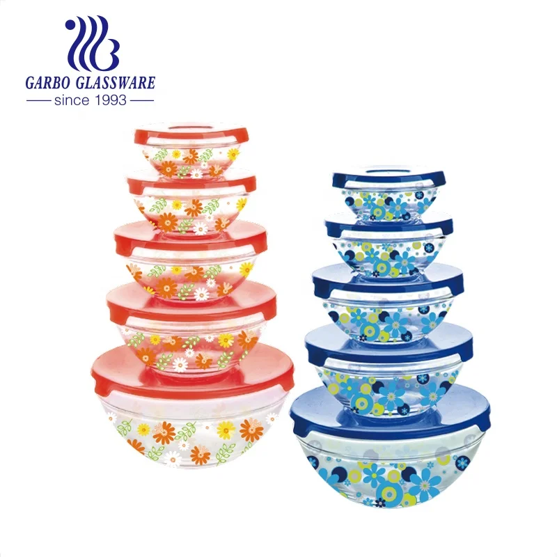 Luxury 5pcs Glass Bowl Set Hot Sale Round Home Decor Clear Heat Resistant With Lid Fruit Salad Food Kitchen Glass Bowl Cookware