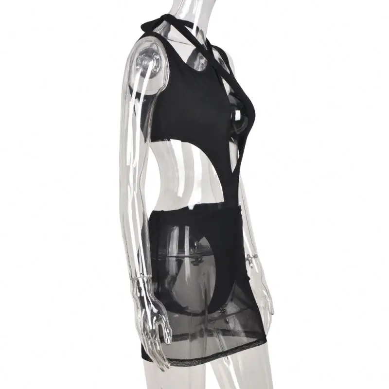 Summer 2022 Women Halter Bandage Super Sexy Hollow Out Patchwork Mesh Mini Dresses