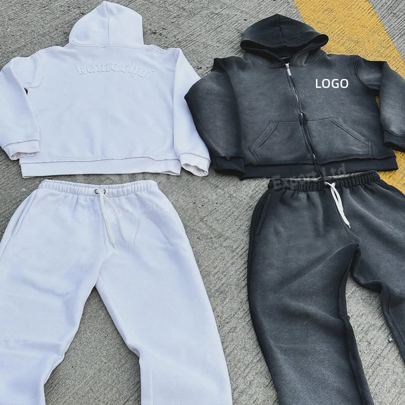 Streetwear High Quality Design Acid Wash Zip Up Baggy Blank Fleece Cotton Flared Custom Tracksuits