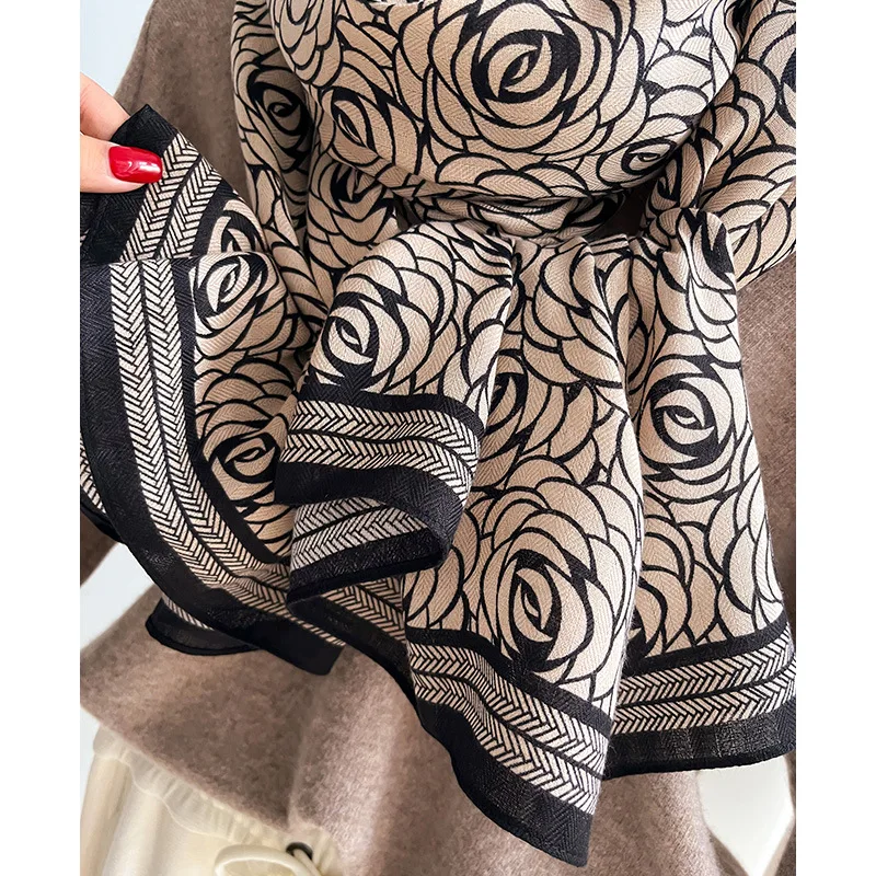 Euro Luxury Brand Design Silk Scarf for Women Logo Viscose Cotton Wool Head Hijab Muslim 70*180cm Camellia Flower Printed Shawls