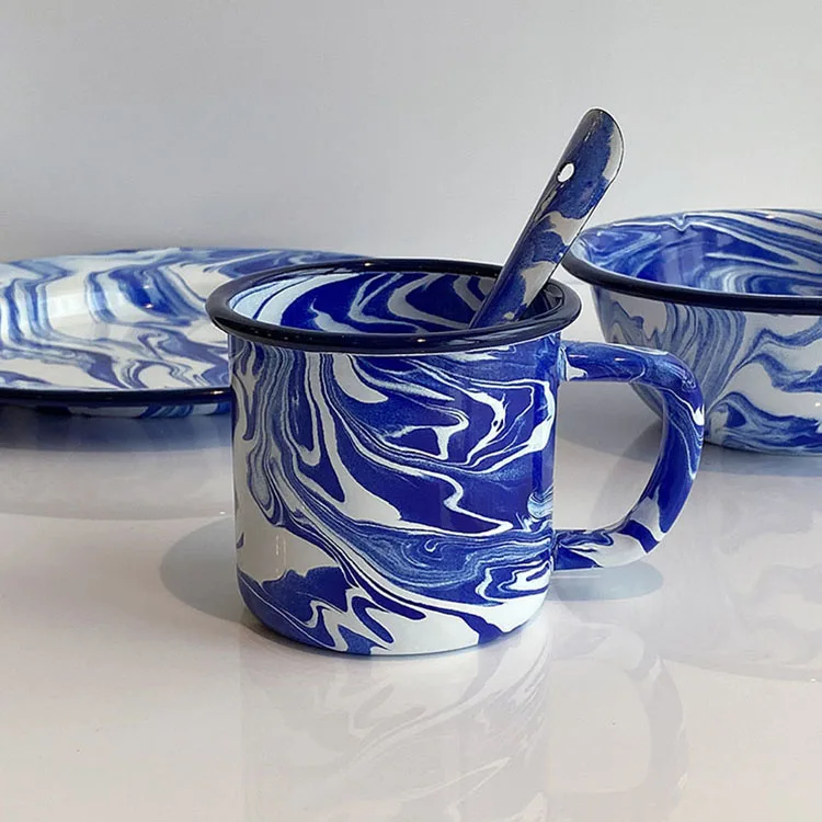 Cutelife Nordic Vintage Black Splash Enamel Marble Design Dinnerware Set Home Decor Dishes Plates Mug Bowls Porcelain Dinner Set