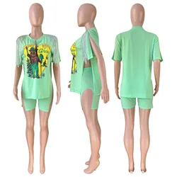 Short Sleeve Printed Design tassel split loose tops with shorts sets Hip hop Street Wear 2022 New Arrive women 2-pieces set