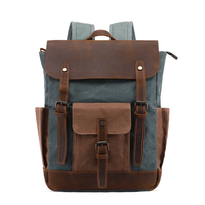 Vintage designer waxed canvas backpack genuine crazy horse leather trim water proof camping rucksack back pack backpack bag