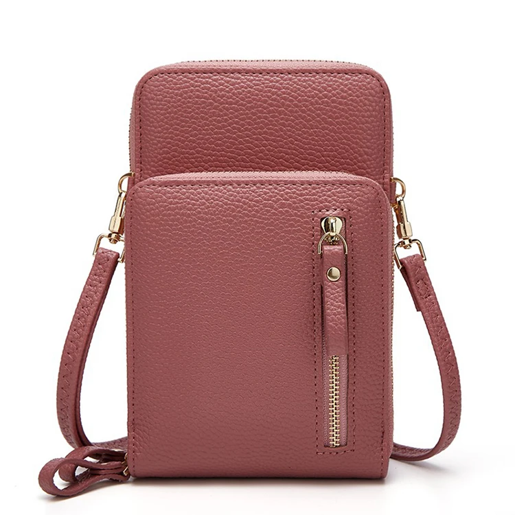 Custom Ladies Wallets Small Shoulder Bag Cell Phone Purse Large Capacity Litchi Grain Solid Color Crossbody Phone Bags For Women