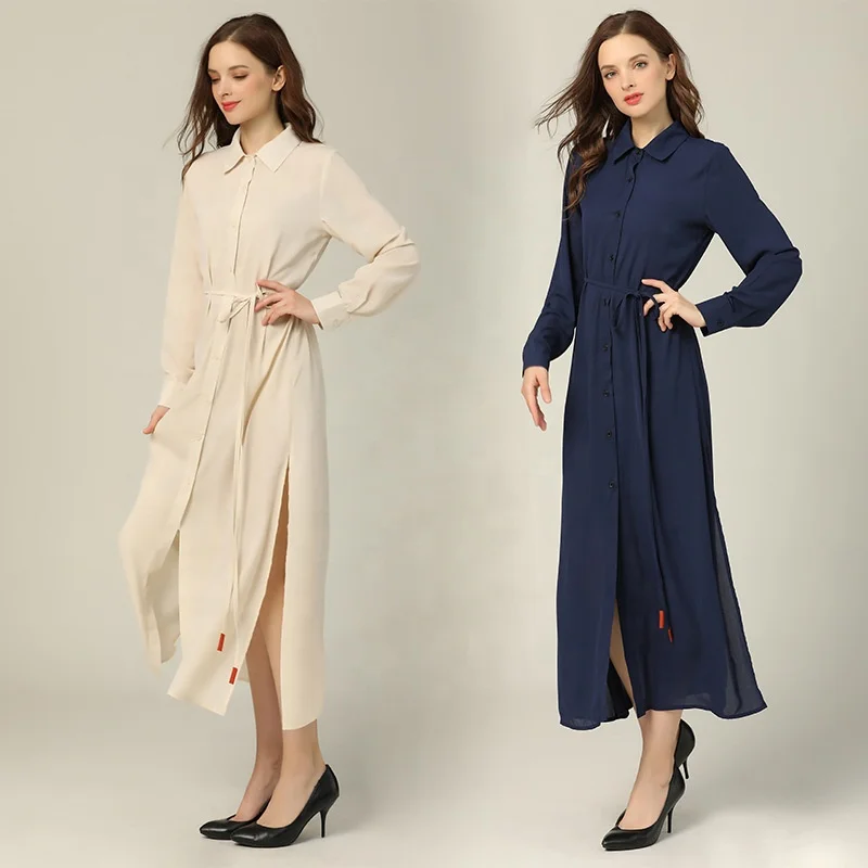 Woman latest clothes casual fashion wholesale turn down collar long sleeves hollow out draped Spring elegant ladies dress