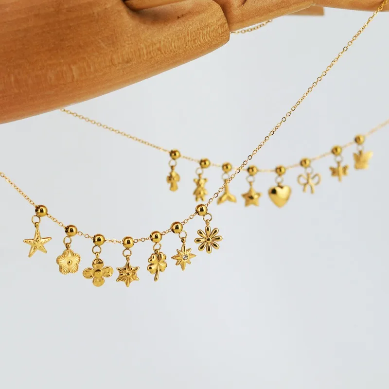 Gold Plated Stainless Steel Flower Butterfly Star Shapes Pendant Bear Charm Sunflowers Heart Necklace Pendant DIY Charm