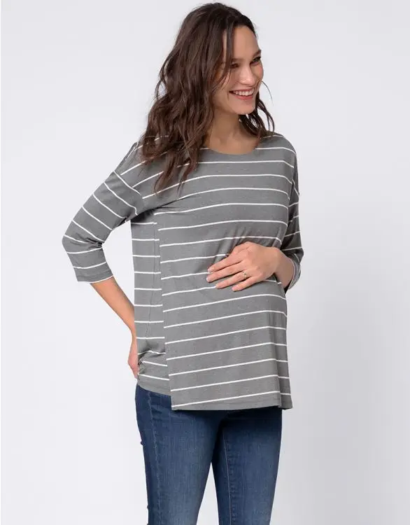 New Trending Women Maternity Top Casual Plus Size Long Sleeve  Loose Shirt Stripe Maternity & Nursing Top