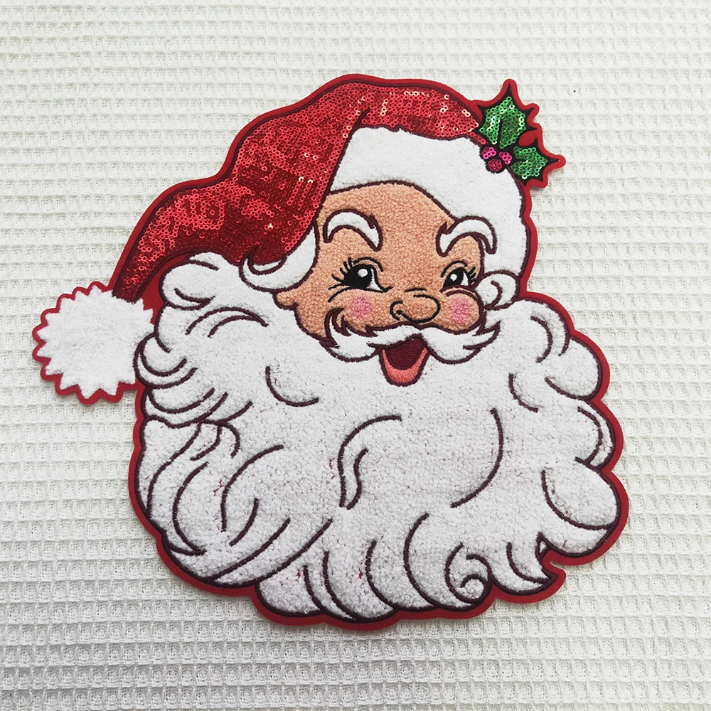 Holiday patch custom Wholesale christmas santa baby Large chenille sequin Embroidery Iron On Patches for Clothing Clothes
