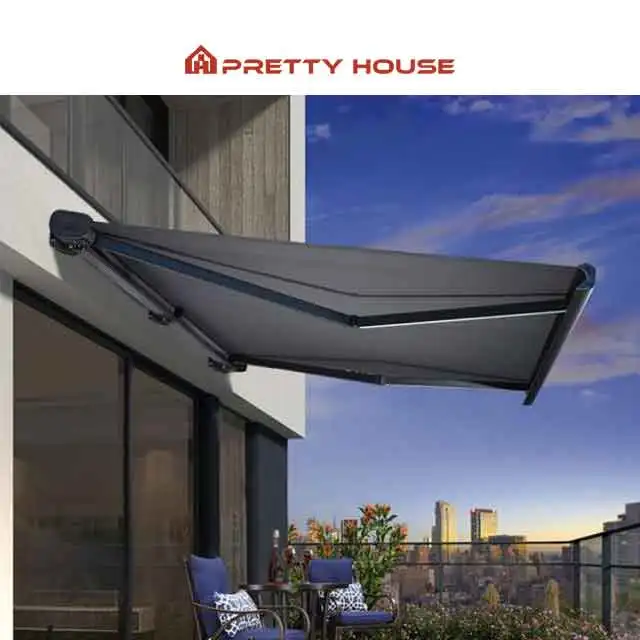 Outdoor Electric Retractable Awning Folding Arm Full Cassette Awning Motorized with LED Light