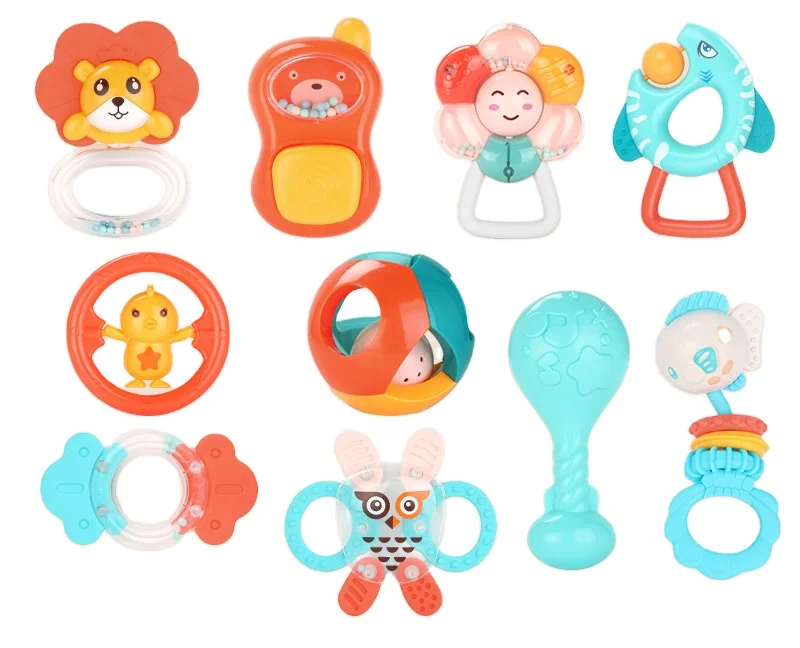  12 kinds of cute different design colorful baby teether ring non-toxic plastic rattle