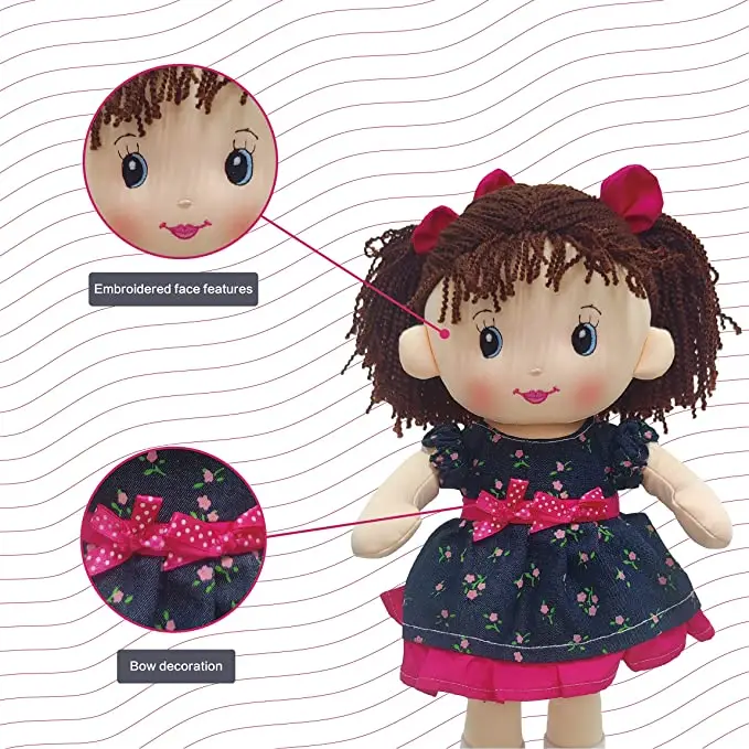Custom Soft Plush Rag Doll with Navy Blue Dress and Printed Magenta Roses Rag Doll for Girls Infants and Babies