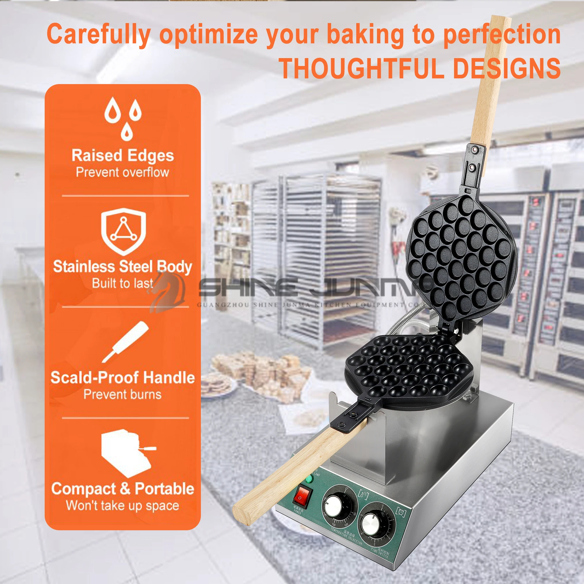 whosale Waffle Making Equipment Electric Waffle Machine Industrial Egg Waffle Maker with wooden handle