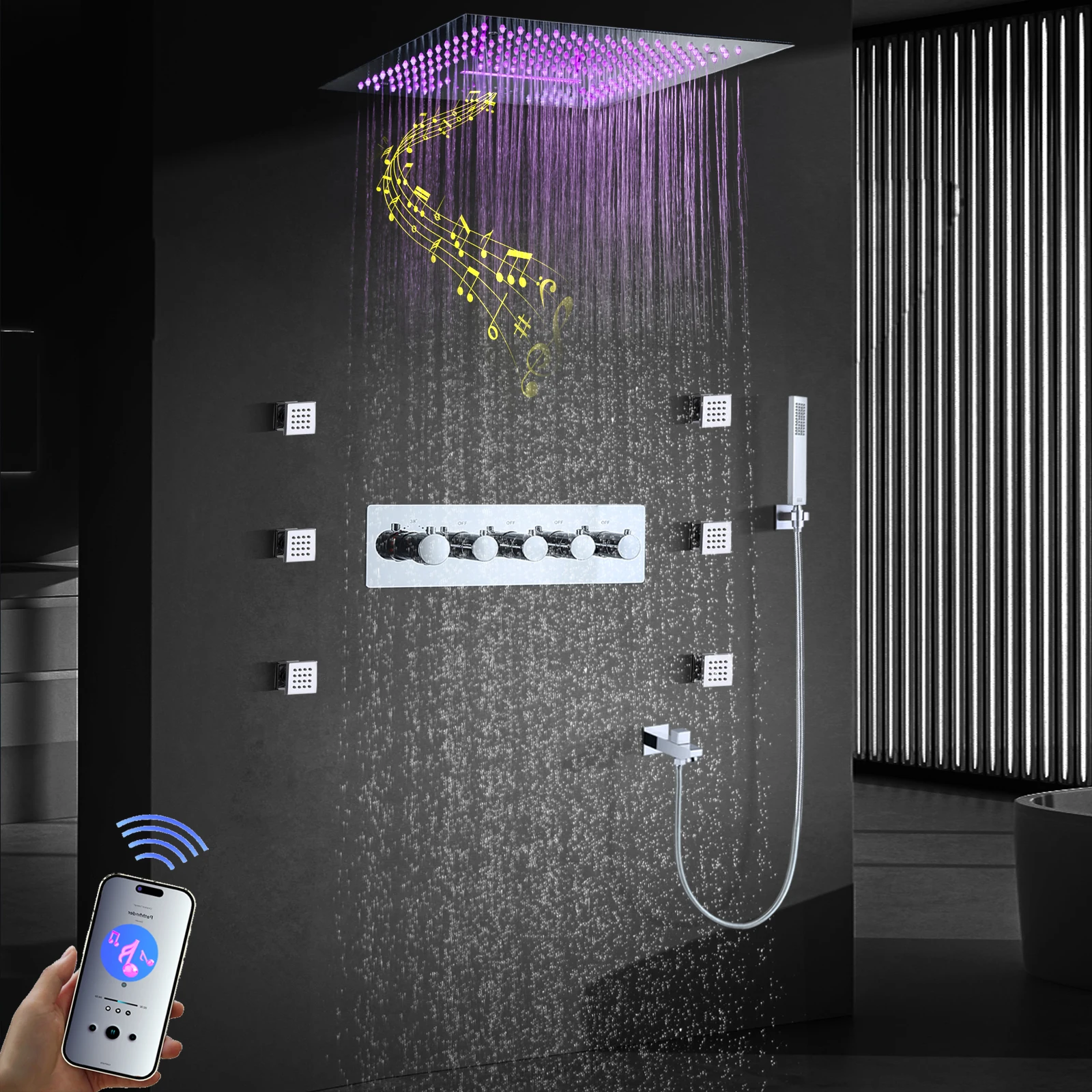 304 Stainless Steel 400*400mm LED Shower Head with Music System Thermostatic Main Body Bathroom Chrome Shower Faucet Set