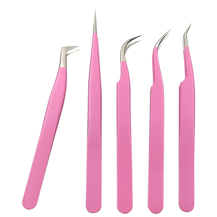 Pink five piece tweezers set colored eyelashes tweezers SS304 pointed tweezers for beauty tools