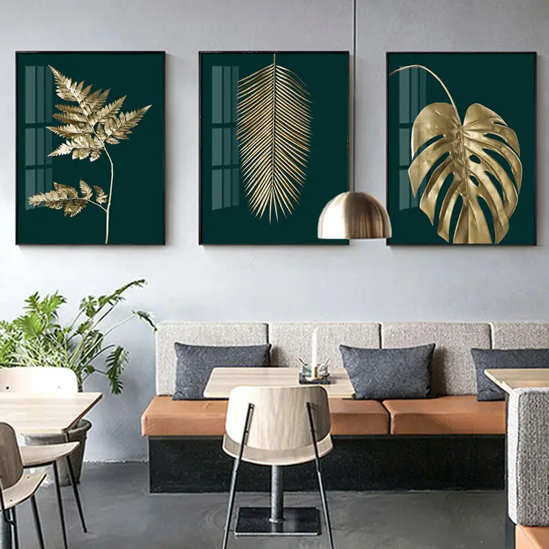 Nordic Light Luxury Wall Art Plants Poster Gold Leaf Canvas Picture Print Gold Leaf Art Supplies For Painting
