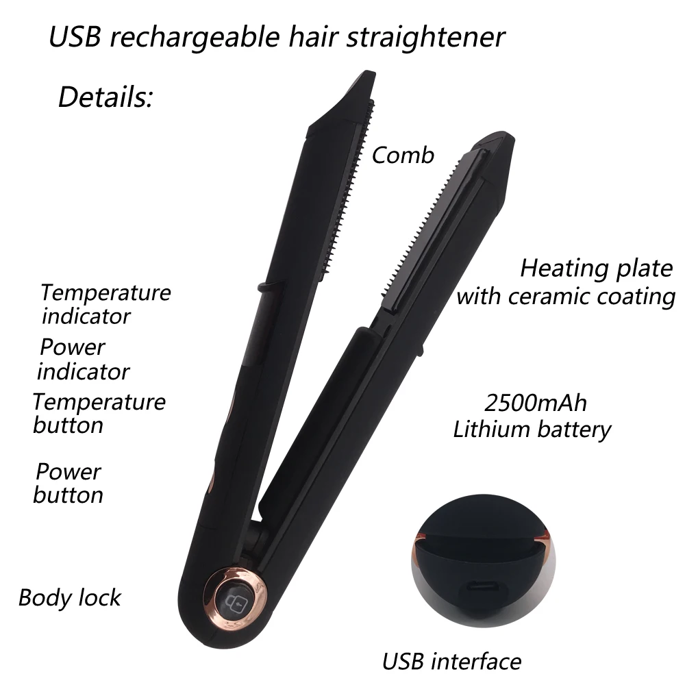 Portable Mini wireless flat iron rechargeable cordless hair straightener travel