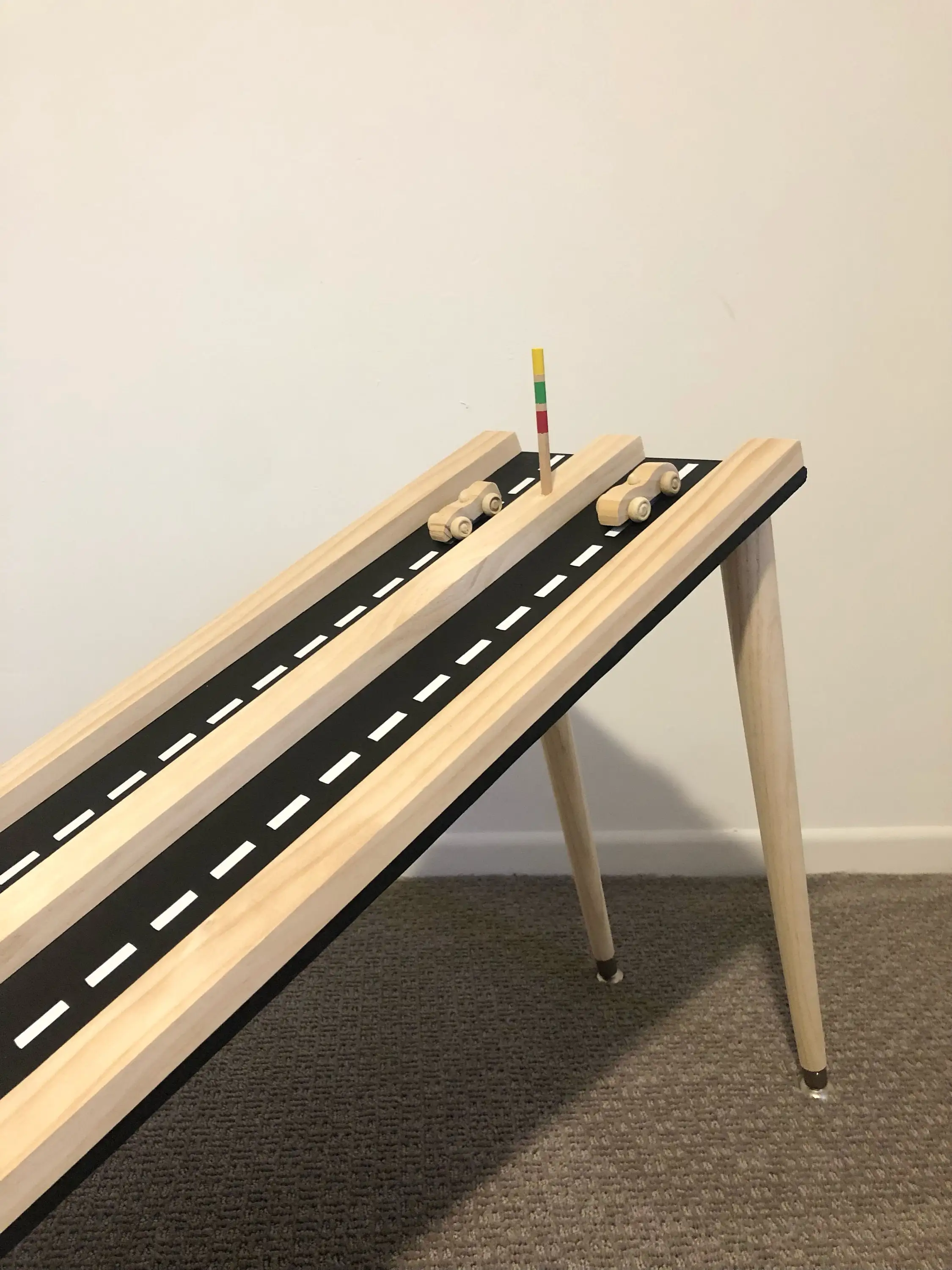 Wooden Car Race Track Ramp Drag Strip Montessori Play Kids Racetrack