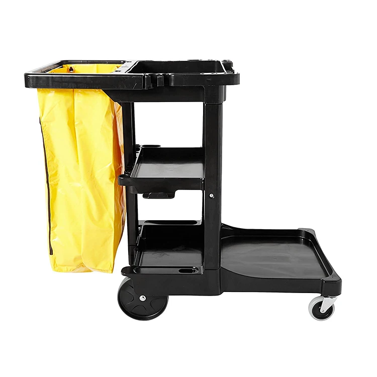 Hotel Cleaning Products Black Janitorial 3-shelf Cart Wheeled With Zippered Yellow Vinyl