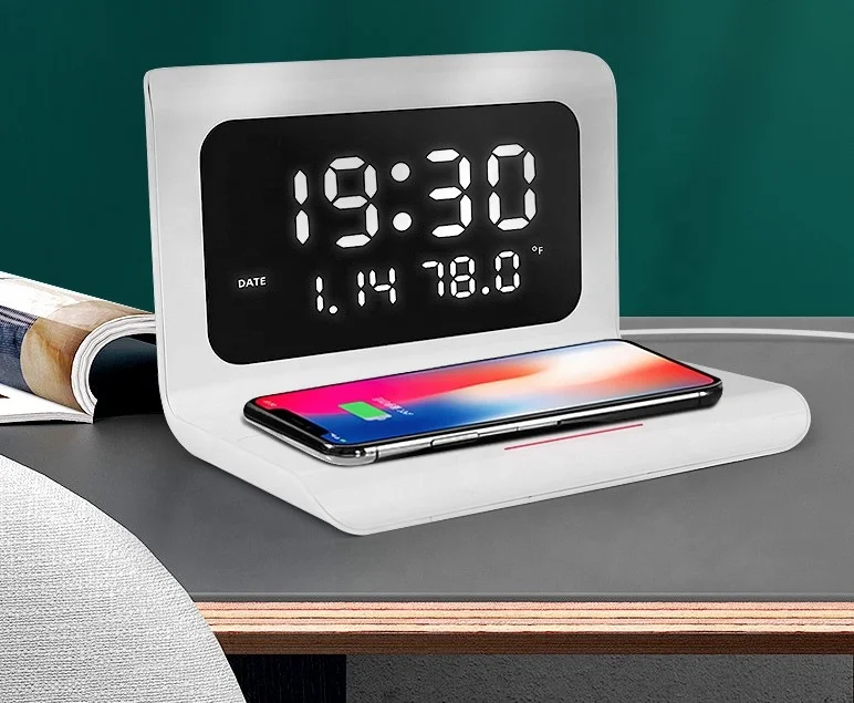Лидер продаж, будильник SUNLINE, настольные цифровые часы для умного дома, вечный календарь, держатель для телефона, будильник с беспроводной зарядкой