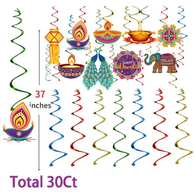 Happy Diwali Party backdrop peacock Rangoli Ganesha Diya ceiling hanging swirls Hindu ornaments garland festival of lights Decor