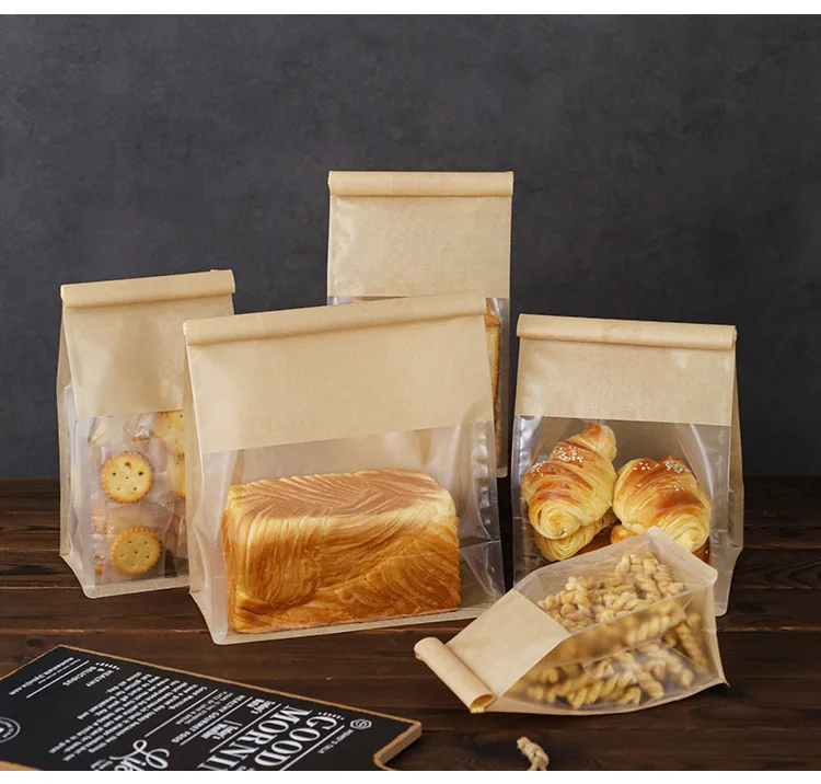Bread Bags Plastic Packaging Bread Food Bags with Window Bakery Bread Paper bags Custom Design Stand up Plastic Kraft Paper