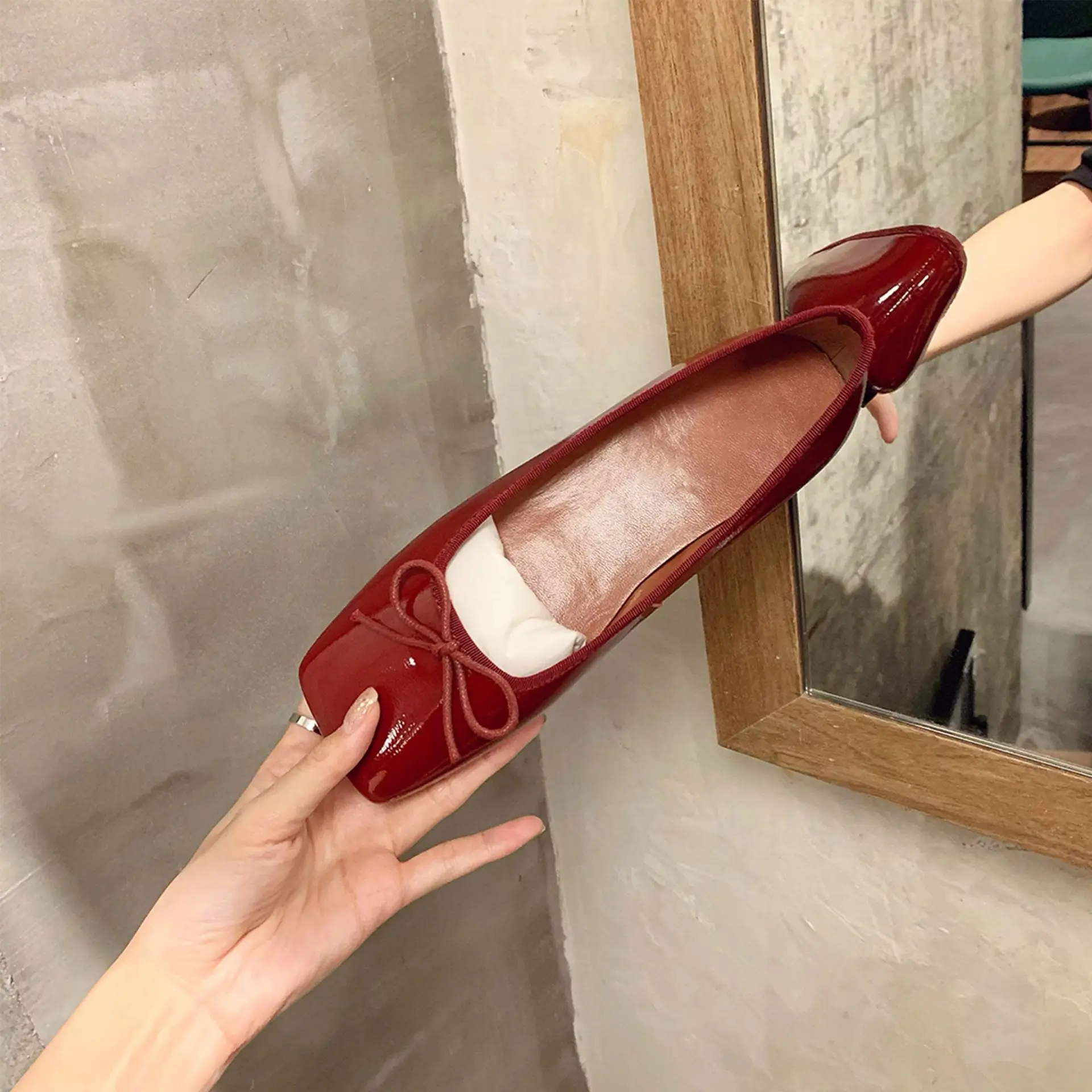 Square head French dancing shoes bow shallow mouth ballet shoes girls fiber single summer Eva Flats Low Top