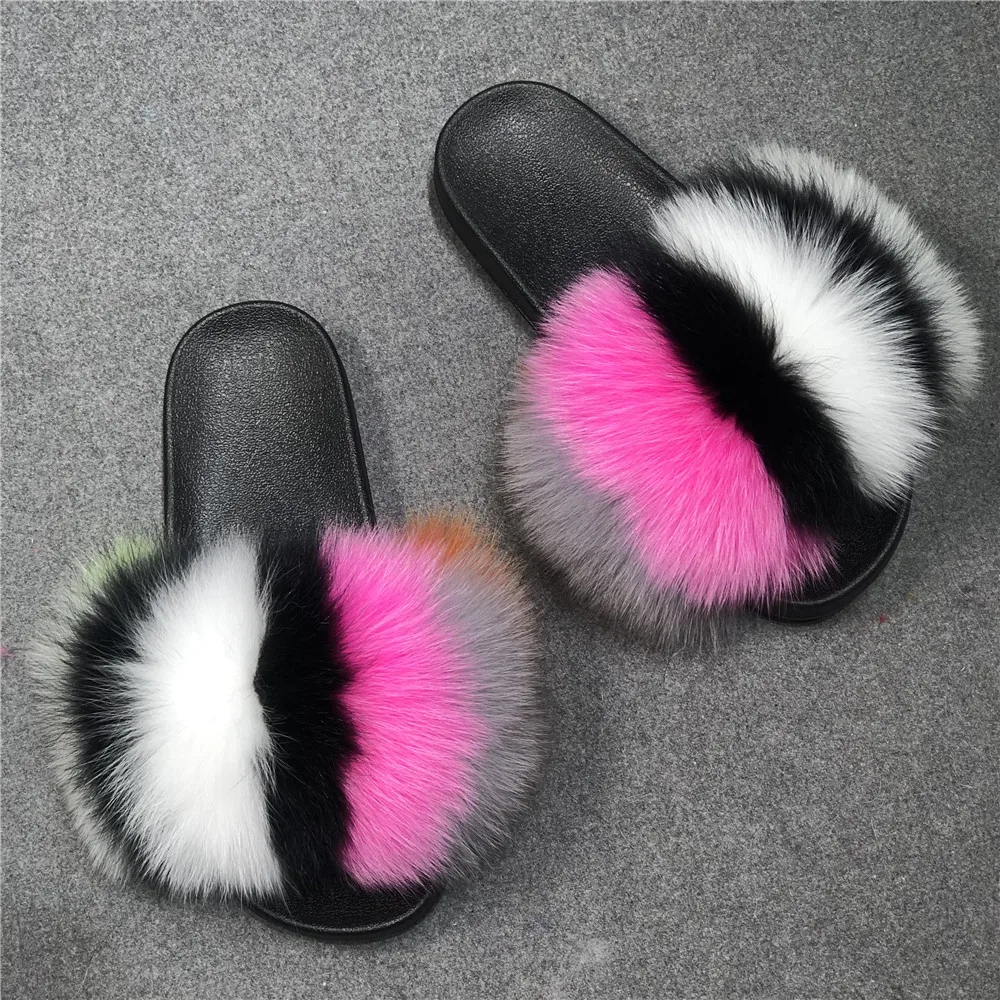 
Drop Shipping Services Fashion Flat Raccon Fur Slippers Open Toe Furry Fox Fur Slides 