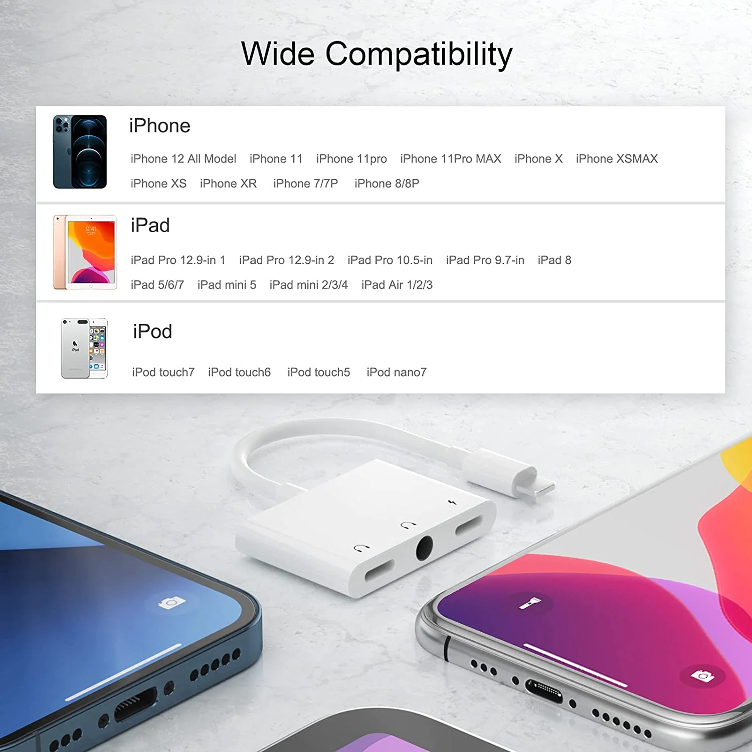 For iPhone Audio Adapter Earphone Jack Splitter Lighting 3.5 mm Headphone Adapter Audio Connector Headphones Adapter for iPad