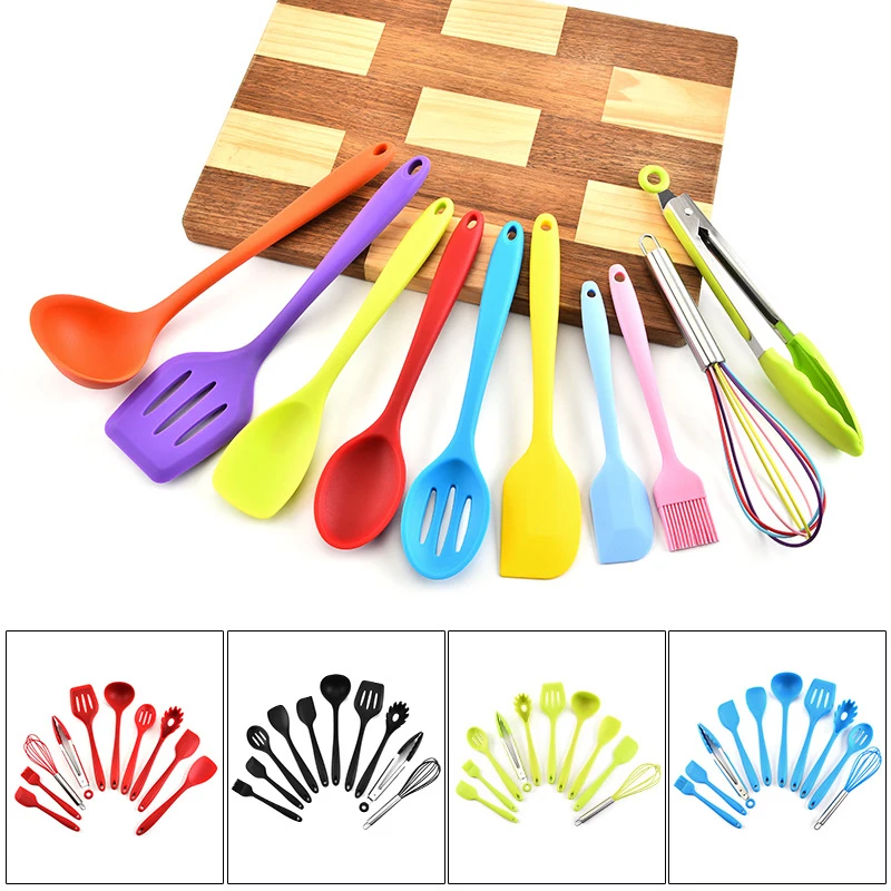 Food Grade Heat Resistant 10 Piece Kitchenware Tool Spoon Whisk Tongs Non-stick Cooking Spatula Silicone Kitchen Utensil Set