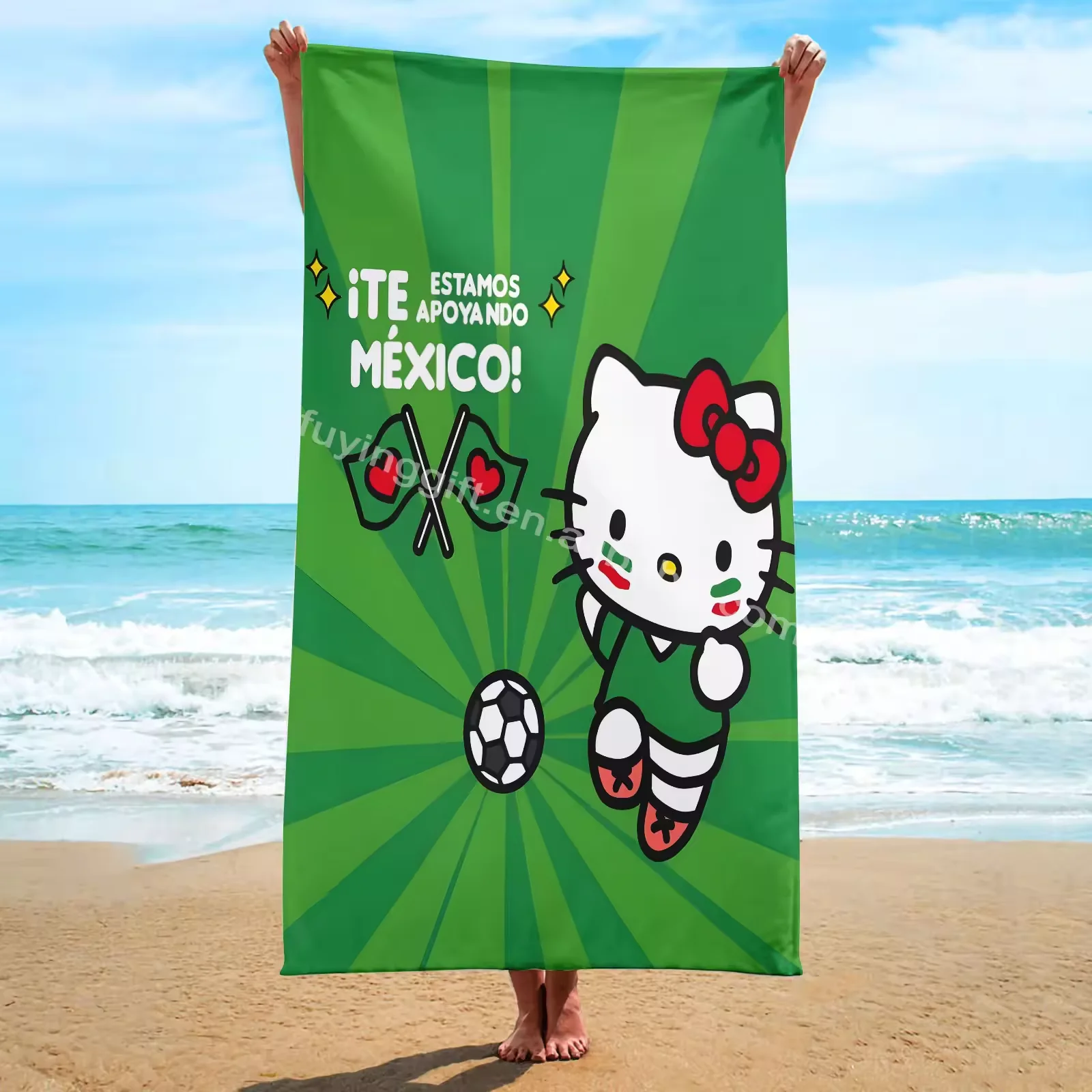 2024 Hot New VIVA Mexico Kitty Puerto Rico Flag Football Cat Printed Bath Towel Cartoon Square microfiber Quick Dry Beach Towel