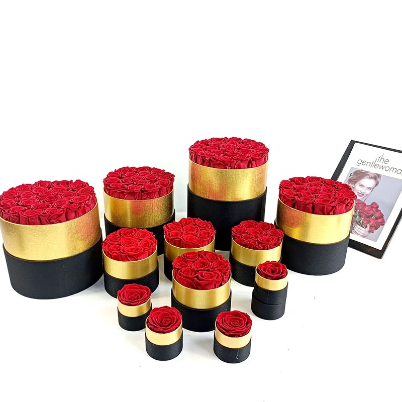 2022 New products ideas Wholesale fresh flowers Preserved Eternal Forever Stabilized rose in Round box with Gold paper for Decor