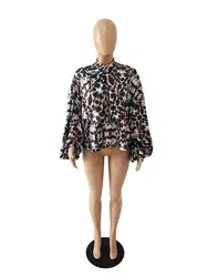 91023-MX66 Lantern sleeve bow tie design leopard print jackets women sexy