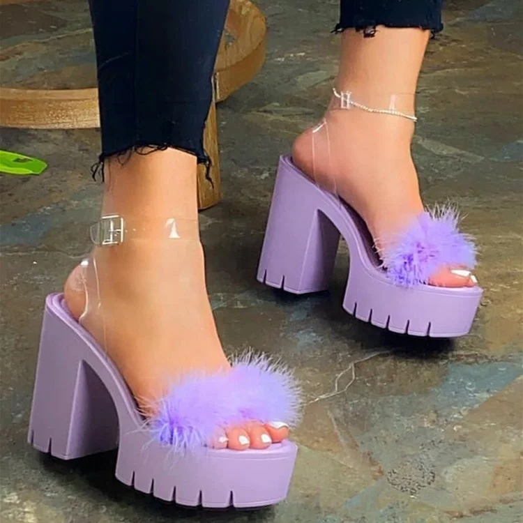 
2021 Ins Hot Faux Fur Platform Heels Chunky Heel Adjustable Clear Ankle Strap Lug Lightly Padded Insole Sandals 