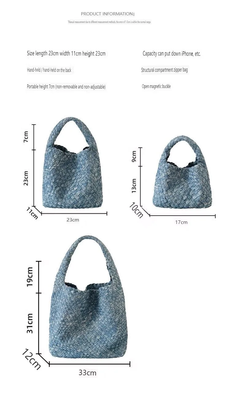 Factory Price 2 Pieces Set Weave Mini Medium Large Bags Handbag Woven Denim Tote Bag