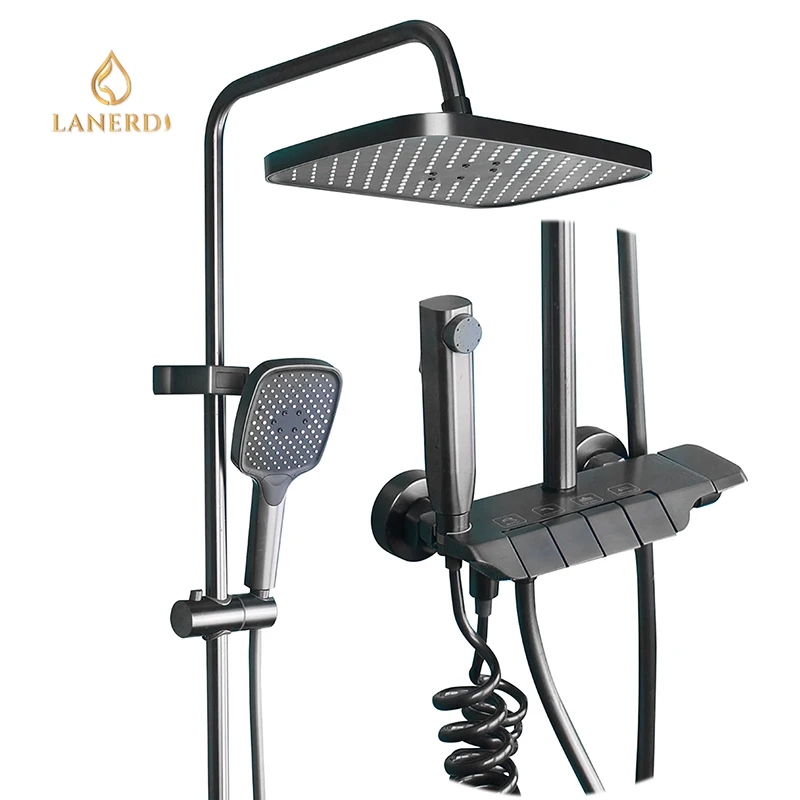 Fashion Piano Key Hot and Cold Rainfall Shower Column with Bidet Sprayer and Handheld Shower Kit Exposed Shower Faucet Bathroom