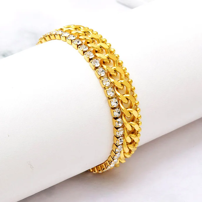 AFXSION Amazon hot Dubai gold jewelry, three-layer Cuban chain beaded chain and diamond bracelet stainless steel bracelet