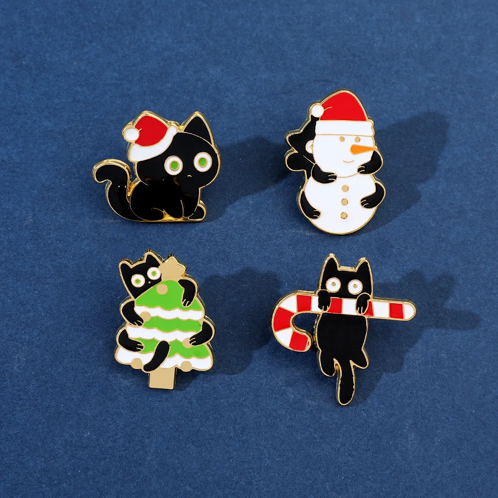Christmas style small black cat kitten hugging Christmas tree alloy enamel pin badges