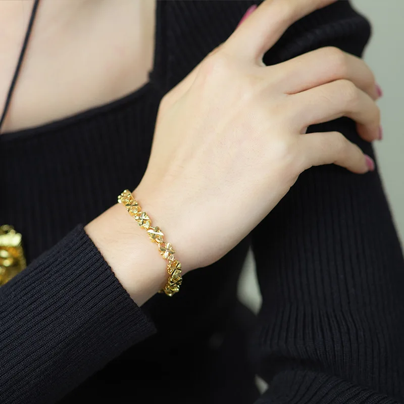 Unisex  Link women 24 k gold chain Bracelet flower with leaf  heart Waterproof Adjustable Bracelet for Men Jewelry