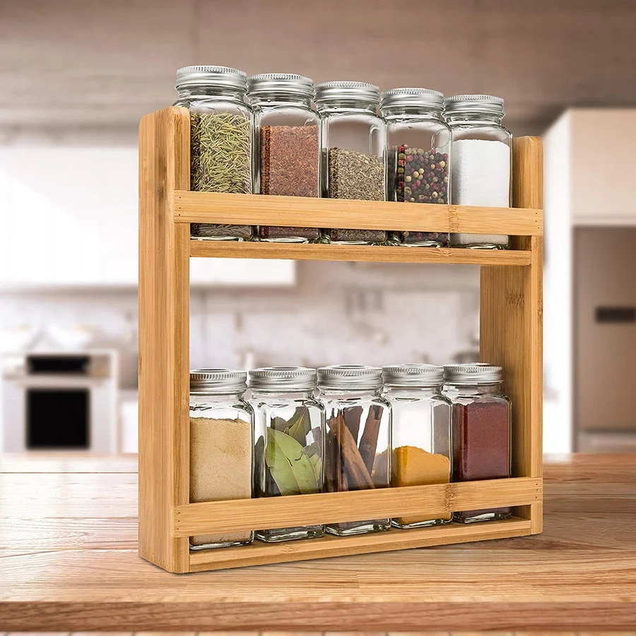 Natural spice storage holder rack 2 tiers kitchen spice rack bamboo spice organizer