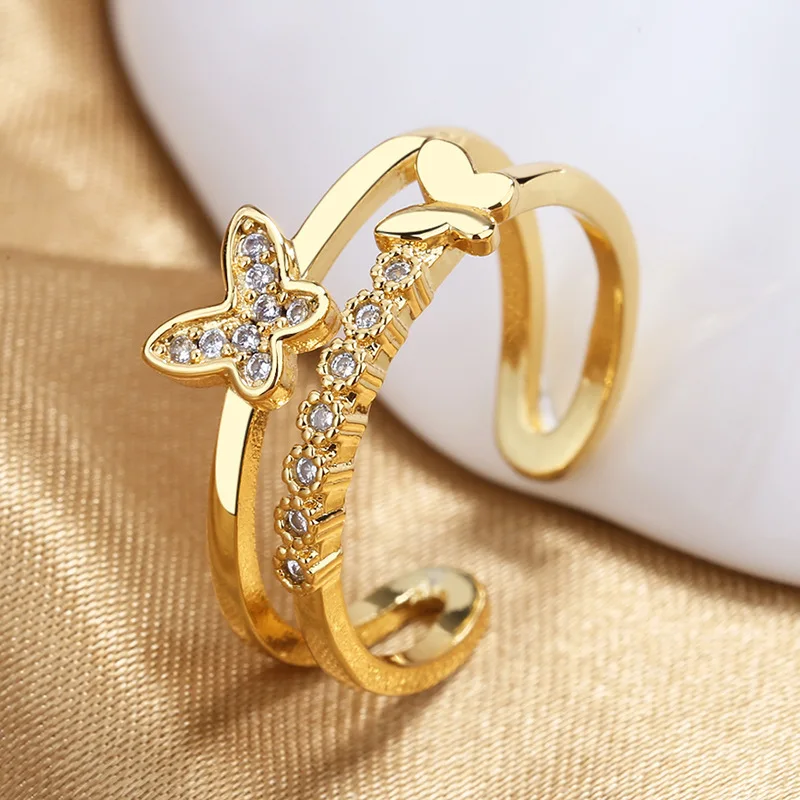Fashion Double Layer Gold Plated Copper Crystal Butterfly Open Finger Smart Ring for Women Wholesale