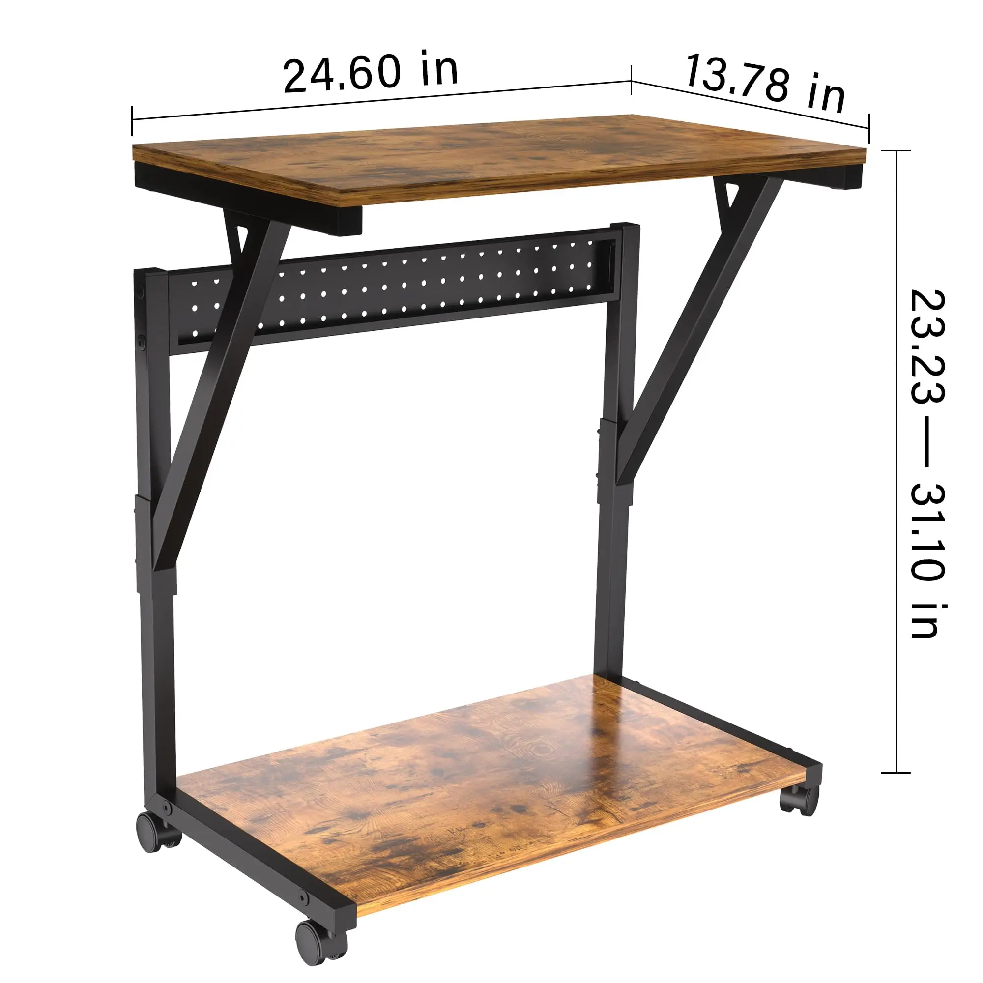 Rustic Brown 2-Tier PC Stand Lockable Rolling Wheels Adjustable Height Computer Tower Cart Home Office Gaming Desk CPU Holder