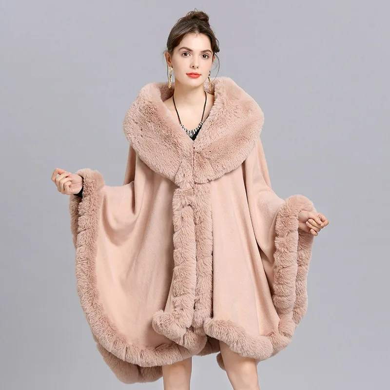 New Style Faux Wool Poncho Winter Autumn Warm Casual Big Fur Collar Cape Coat Long Cardigan mid long style Faux Fur Cloak
