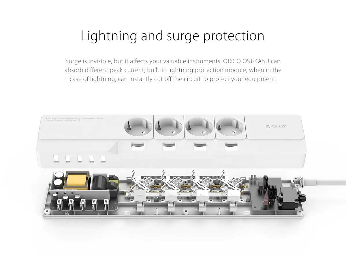 ORICO 4 AC Outlet 5 USB Port Surge Protector Smart Plug Extension Socket EU OSJ-4A5U-EU