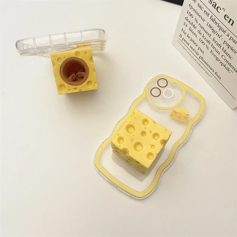 3D Cheese Mouse Toys Bracket Stand Phone Case For iPhone 13 12 11Pro Max XR XS Max Soft Silicone Cute Covers