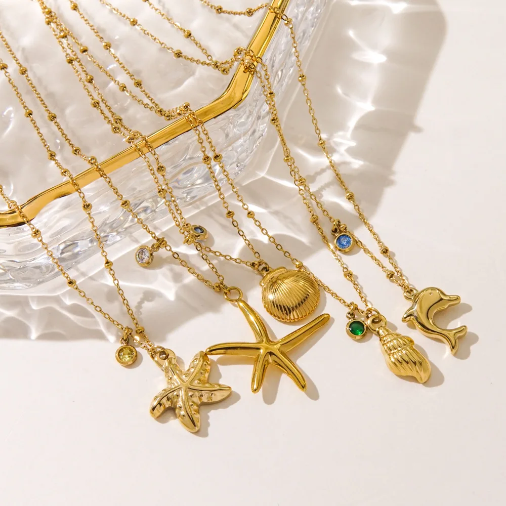 Ocean Beach Jewelry Waterproof Non Tarnish Stainless Steel Scallop Shell Dolphin 14k Gold Fashion Women Starfish Necklace