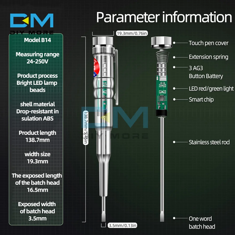 B12 B14 Digital Induced Electric Tester 24-250V Electric Screwdriver Probe with Indicator Light Test Pen Sensor Voltage Tester