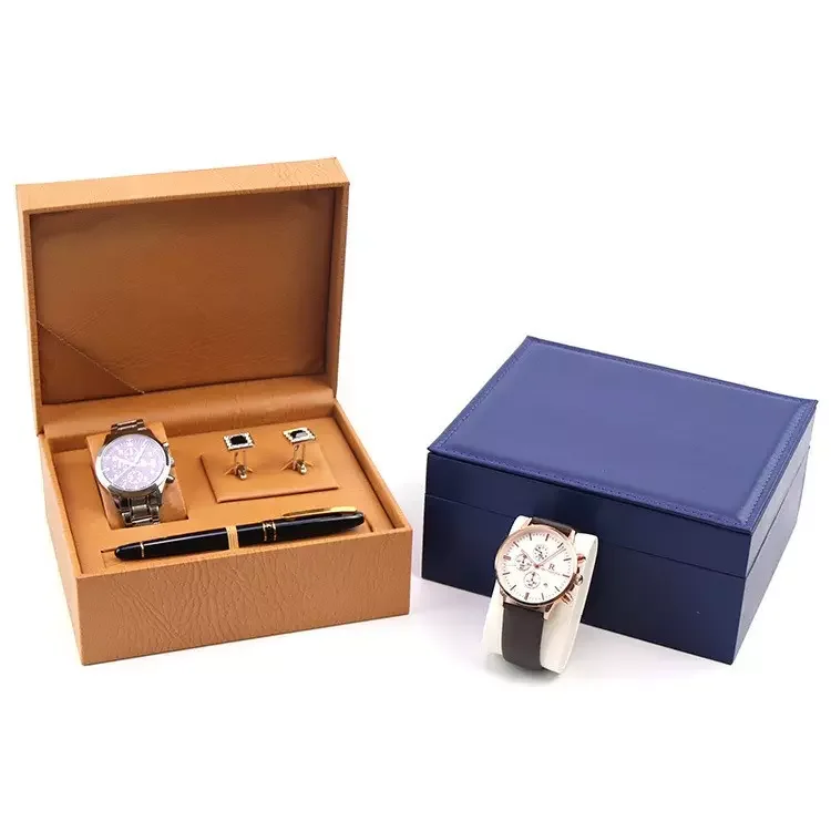 Custom Handmade Pu Leather Display Packaging Watch Pen Cuff-links Box For Gift Luxury Black Gift Box Set For Watch Pen Cuff-link