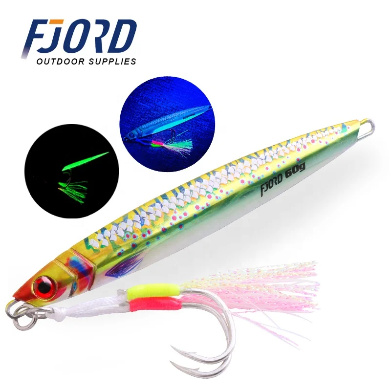 FJORD Customized 40G 60G 80G UV Jigging Lure Saltwater Fishing Jig Glowing at Dark Water Metal Lures with Double Hooks